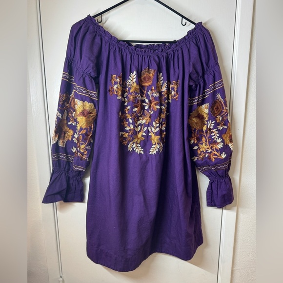 Free People Fleur Du Jour Purple Floral Gold Brown Embroidered Boho Mini Dress M - Picture 4 of 16